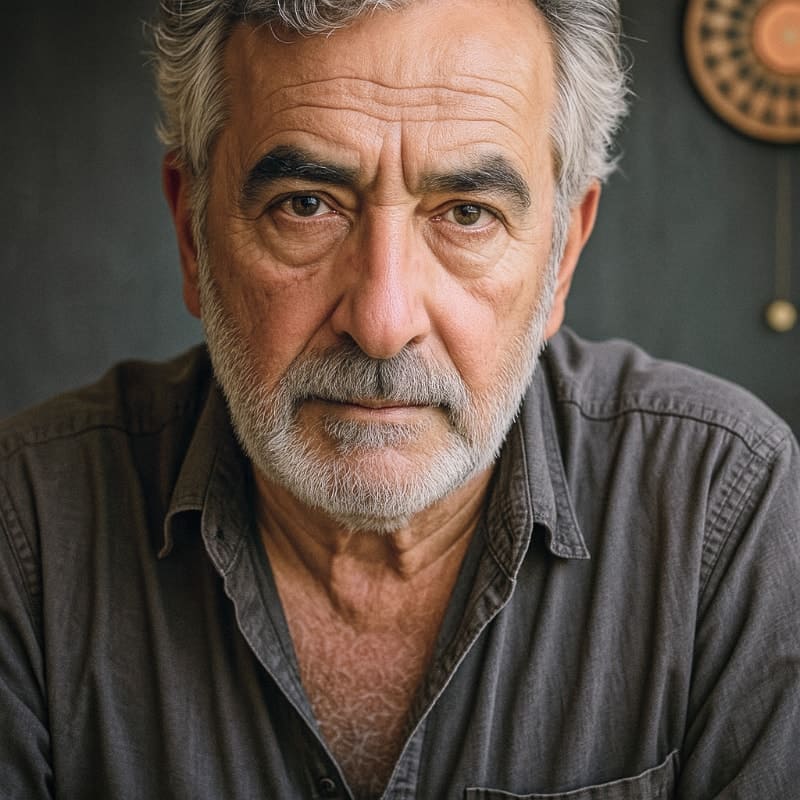 Retrato de Ángelo, vidente y tarotista con mirada profunda